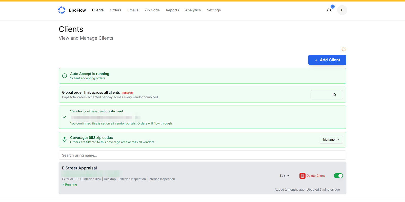 BpoFlow clients — vendors and auto-accept status