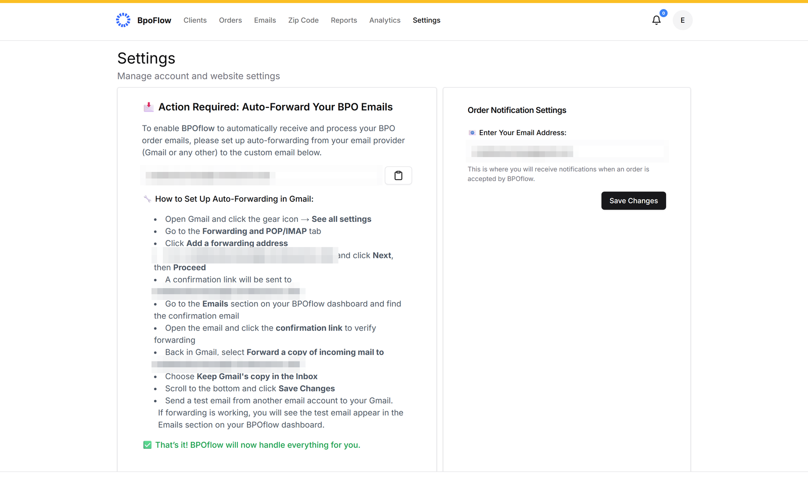 BpoFlow settings — auto-forward setup